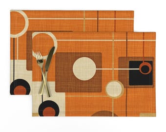 Mid Century Modern Placemats (Set of 2) - Orbs And Squares by chicca_besso - Vintage Inspired Orange Black Cloth Placemats by Spoonflower