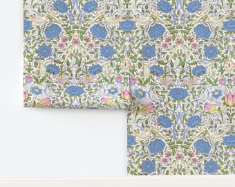 Arts And Crafts Non-Pasted Wallpaper William Morris Vintage Floral Historical - Rose Finch Blue by eti_enne Wallpaper by Spoonflower