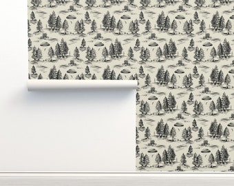Alien Toile vliesbehang Ufo Beige Zwart - Alien Abduction Toile De Jouy van somecallmebeth Double Roll van Spoonflower