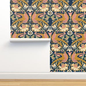 Retro Art Nouveau Non-Pasted Wallpaper - Vintage Hummingbirds by famenxt - Botanical Vintage Floral Wallpaper Double Roll by Spoonflower