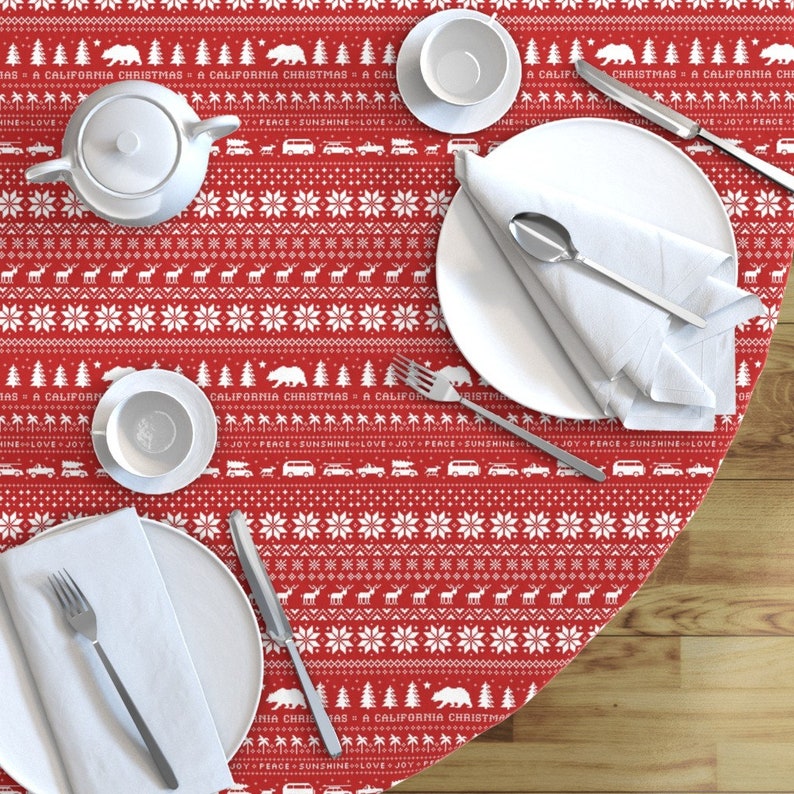 Holiday Red Cotton Sateen Circle Tablecloth by Spoonflower California Christmas Round Tablecloth California Christmas by jennshvili