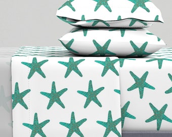 Nautical Sheets - Blue Starfish Watercolor by gypsea_art_designs - Starfish Watercolor Beach Cotton Sateen Sheet Set Bedding by Spoonflower