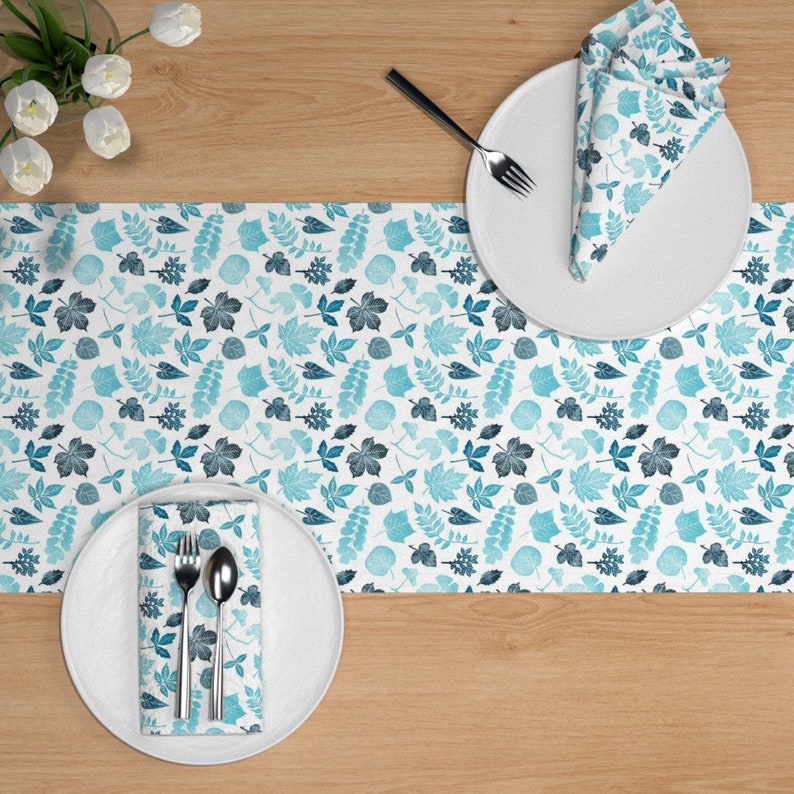 Leaves by wideeyedtree Fall Foliage Table Runner Blue Leaves Leaf Forest Nature Fall Cotton Sateen Table Runner by Spoonflower