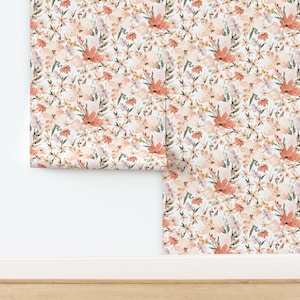 Peach Flowers Non-Pasted Wallpaper - Peachy Floral Summer by erin__kendal - Spring Coral Orange Pink Wallpaper Double Roll by Spoonflower