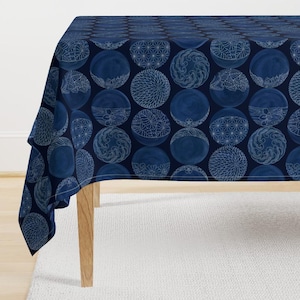 Japanese Inspired Tablecloth - Sashiko Moon Phases  by hnldesigns - Sashiko Moons Indigo Blue Asia Cotton Sateen Tablecloth by Spoonflower