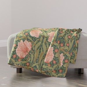 Pink Victorian Flora Throw Blanket - Pimpernel Nouveau  by chantal_pare - Green Botanical Victorian Throw Blanket with Spoonflower Fabric