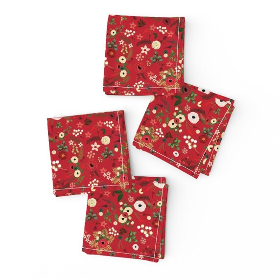 Christmas Floral Cocktail Napkins set of 4 Red Vintage Etsy