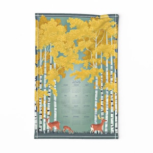 2025 Calendar Tea Towel - Silver Birch Calendar 2025 by taranealart - Yellow Nature Deer Forest Linen Cotton Canvas Tea Towel by Spoonflower