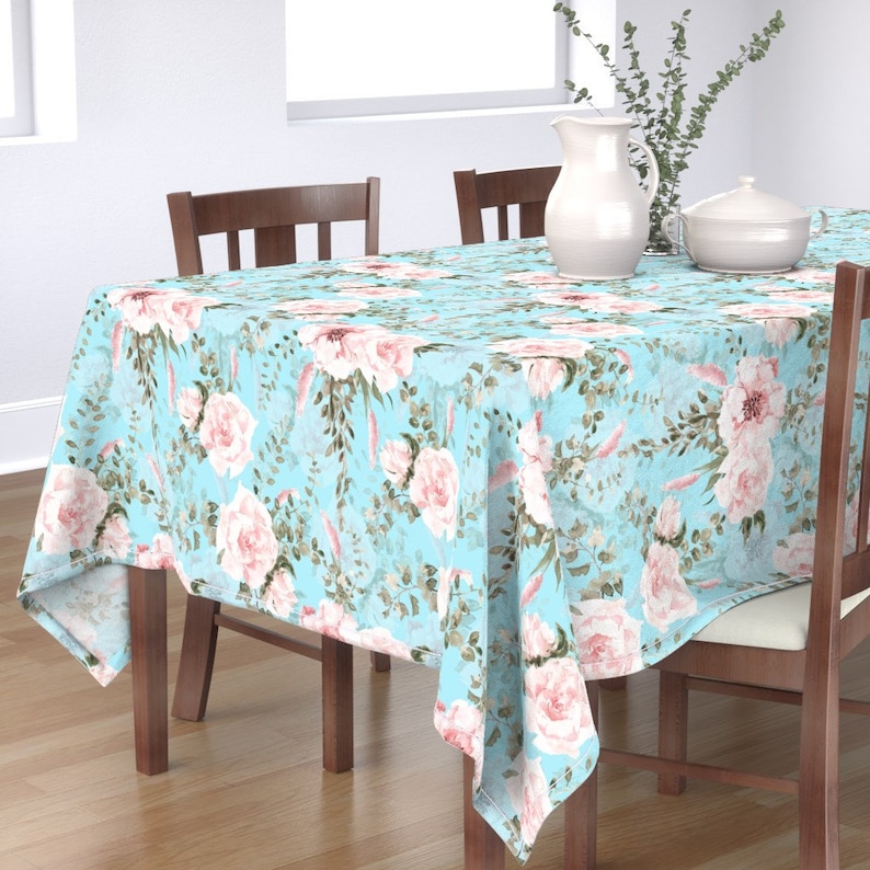 Lush Greenery And Florals On Turquoise by utart Cottage Roses Farmhouse Cotton Sateen Tablecloth by Spoonflower Romantic Tablecloth