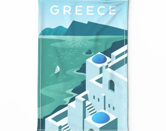 Santorini Tea Towel -  Travel Greece by timeggert - Blue Aqua Greek Mediterranean Travel Greece Linen Cotton Canvas Tea Towel by Spoonflower