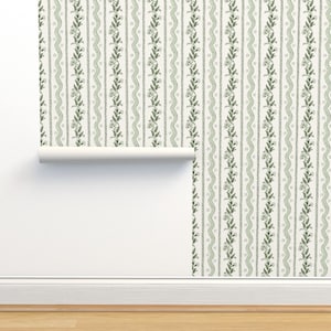 Green Floral Stripe Non-Pasted Wallpaper - Green Floral Stripe by danika_herrick - Stripe Floral Kitsch Wallpaper Double Roll by Spoonflower