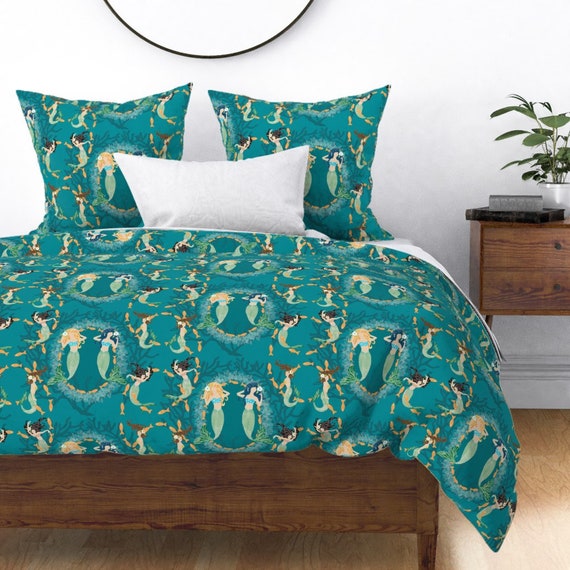 Whimsical Duvet Cover Playful Mermaids With Fish & Coral by - Etsy