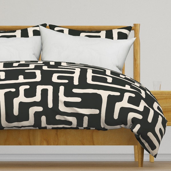African Geometric Bedding - Kuba In Black by domesticate - Abstract Lines Geo Lines Cotton Sateen Duvet Cover OR Pillow Shams by Spoonflower