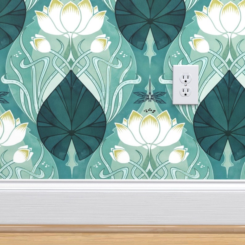 Art Nouveau Commercial Grade Wallpaper Teal Waterlily by Etsy