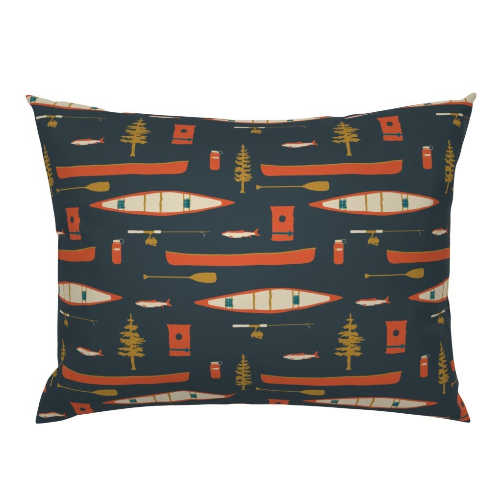 Summer  Illustration Lake Cotton Sateen Flanged Pillow Sham by Spoonflower Canoes And Oars On The Lake by coitcreative Fish Pillow Sham