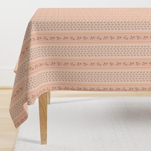 Peach Floral Stripe Tablecloth - Peach Of A Rose  by bluedaisystudio - Farmhouse Cottage Simple Cotton Sateen Tablecloth by Spoonflower