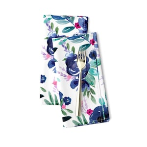 Blue Floral Dinner Napkins (Set of 2) - Athena Floral by crystal_walen - Bohemian Chic Rose Garden Botanical  Cloth Napkins by Spoonflower