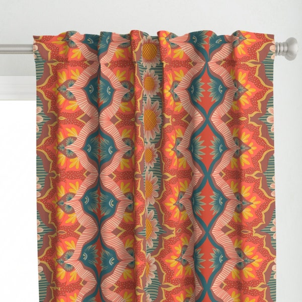 Bright Coral Floral Curtain Panel - Boho Floral by sewzinski - Botanical Stripe Bold Vibrat Large Scale Custom Curtain Panel by Spoonflower