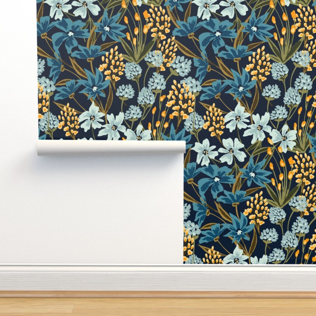 Blue Floral Commercial Grade Wallpaper Moody Garden by