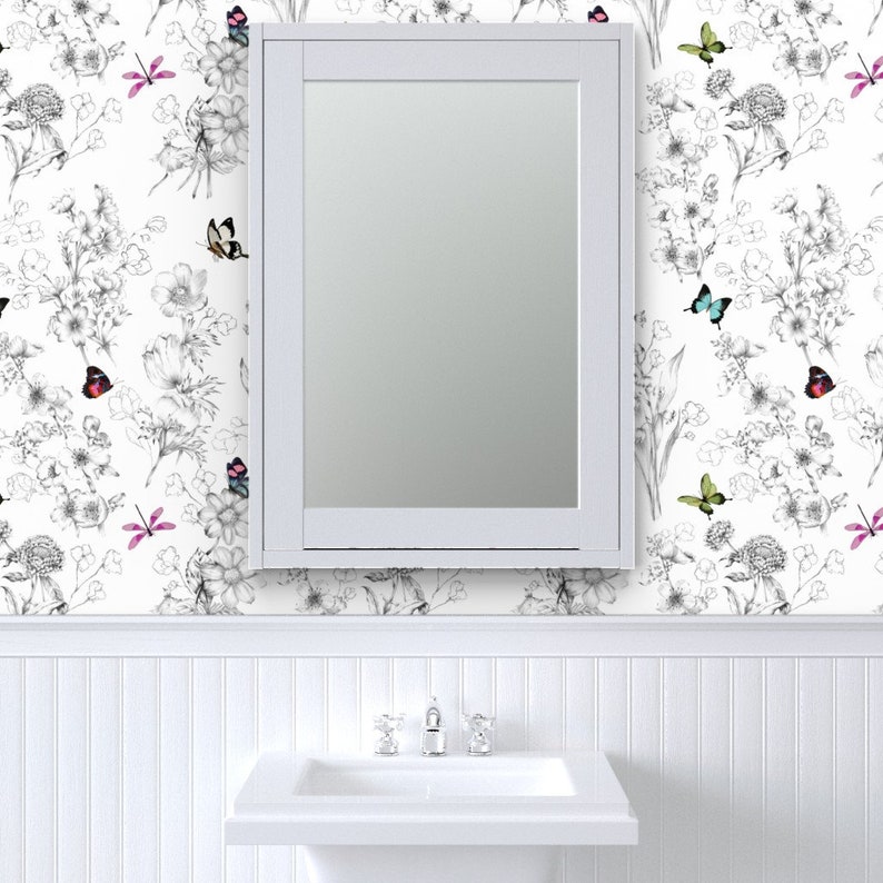 Butterflies Non-Pasted Wallpaper Butterfly Sketch Black And White - Le Papillon by willowlanetextiles Wallpaper Double Roll by Spoonflower image 2