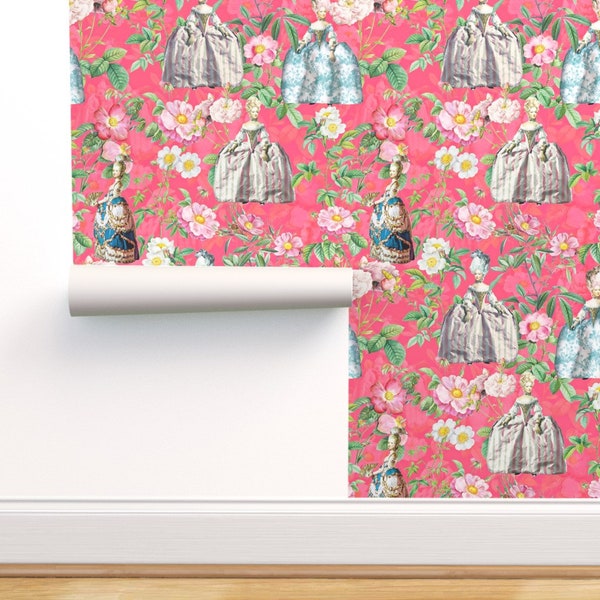 Rococo Commercial Grade Wallpaper - Marie Antoinette In Her Rose Garden  by utart - Baroque Chintz Wallpaper Double Roll by Spoonflower