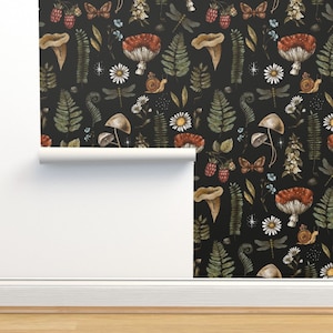 Woodland Non-Pasted Wallpaper - Mushrooms On Black by depiano - Fern Moth Dragonfly Mushroom Fly Agaric Wallpaper Double Roll by Spoonflower