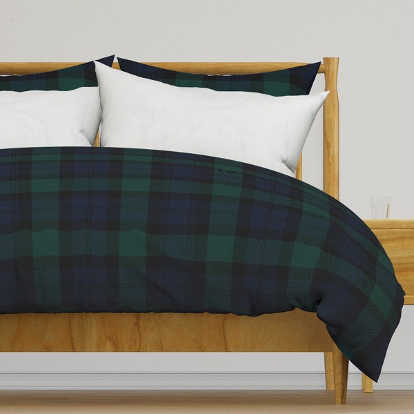 Groen blauw Tartan beddengoed - Blackwatch Tartan door peacoquettedesigns - Winter Plaid Cotton Sateen Dekbedovertrek OF Pillow Shams door Spoonflower