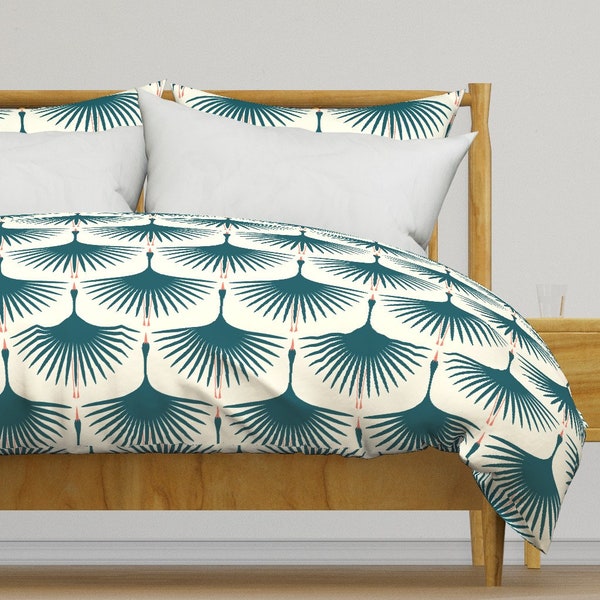 Mod Cranes Bedding - Art Deco Swans by katerhees - Teal Cream Ivory Art Deco Style  Cotton Sateen Duvet Cover OR Pillow Shams by Spoonflower