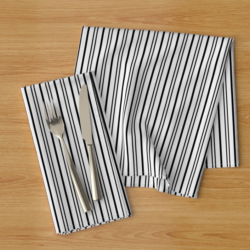 Set of 2 - French Ticking Black And White by peacoquettedesigns Black Pinstripe Cloth Napkins by Spoonflower Striped Dinner Napkins