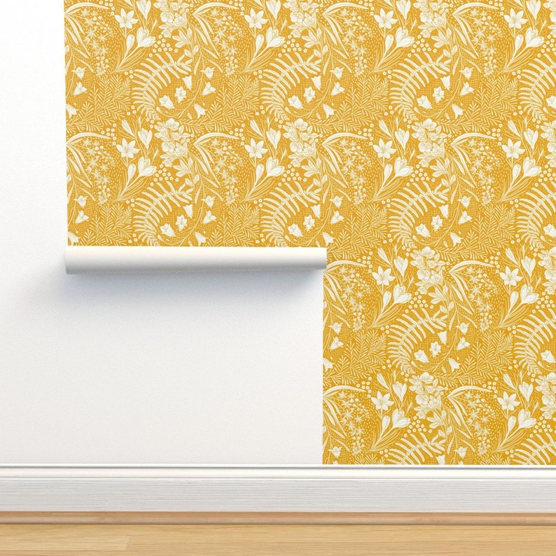 Mustard Floral Wallpaper Forest Flowers by Denesannadesign - Etsy