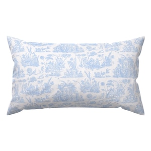 Baby Blue Toile Accent Pillow - Marseilles Toile by peacoquettedesigns - Romantic French Blue  Rectangle Lumbar Throw Pillow by Spoonflower