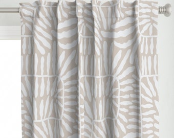 May include: Beige curtains with a white abstract pattern of curved lines and shapes.