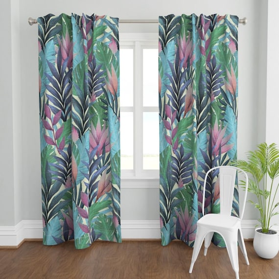 Groer botanischer Vorhang Panel - lebendige handgezeichnete Palmwedel rosa  blau grn Monstera Vorhang Panel - Tropische ra Xl by jenkb - - Etsy.de