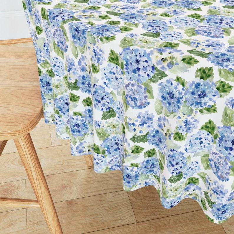 Hydrangea Table Linens Floral Tablecloth - Hydrangea Spring Blue by Hipkiddesigns - Watercolor ...
