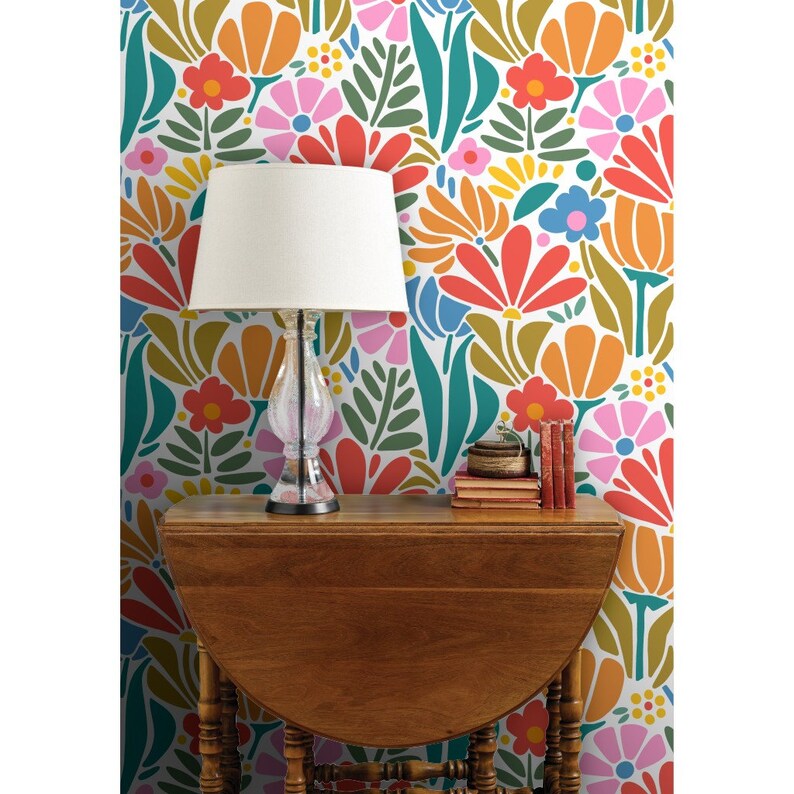 Psychedelic Floral Non-Pasted Wallpaper Retro 1960s Pink Botanical - Maximalism Folk by jenflorentine Wallpaper Double Roll by Spoonflower image 7