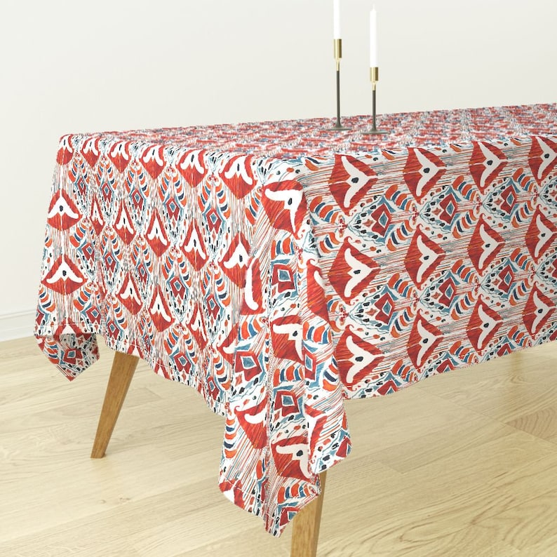 Watercolor Ikat Tablecloth - Balinese Red Ikat by tasiania - Batik Cotton Sateen Tablecloth by Spoonflower