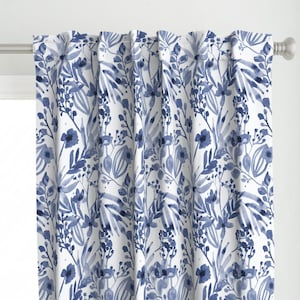 Blue Watercolor Curtain Panel - Blue Chinoiserie Watercolor by inkybluemoon - Chinoiserie Wildflowers Custom Curtain Panel by Spoonflower