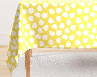 Mod Flowers Tablecloth - White Flora On Yellow by nadinewestcott - Whimsical Floral 8" Repeat Cotton Sateen Tablecloth by Spoonflower