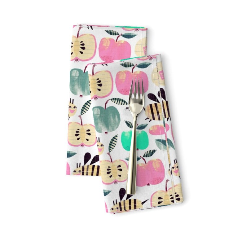 Watercolor Fruits Happy Apples Cloth Napkins by Spoonflower Set of 2 Pastel Bees Dinner Napkins - Bee Happy by wideeyedtree