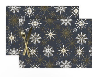 Christmas Placemats (Set of 2) - Midnight Frosty Flakes by retrorudolphs - Snowflakes Winter Wonderland Snow Cloth Placemats by Spoonflower