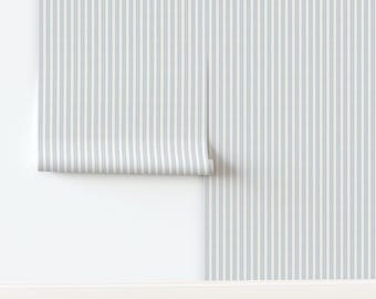 Blue Gray Stripe Non-Pasted Wallpaper Neutral Blue Small Scale - Blue Ticking Stripe by danika_herrick Wallpaper by Spoonflower