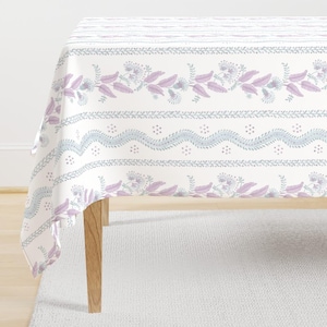 Cottagecore Tablecloth - Emma Stripe Lilac by danika_herrick -  Floral Stripe Botanical Purple Blue Cotton Sateen Tablecloth by Spoonflower