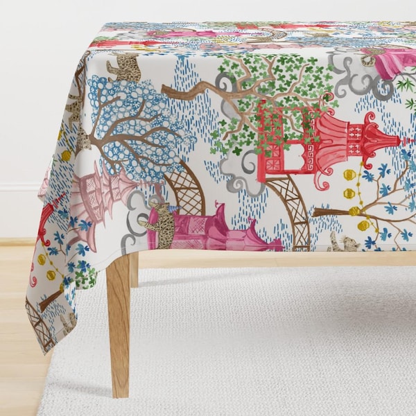 Chinoiserie Tablecloth - Party Leopards In Pagoda Forest by danika_herrick - Pagoda Leopards Cotton Sateen Tablecloth by Spoonflower