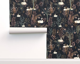 Dark Woodland Wallpaper - The Black Forest by katherine_quinn - Moody Forest  White Swan Blue Pink Wallpaper Double Roll by Spoonflower