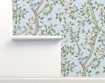 Traditional Peony Commercial Grade Wallpaper - Soft Blue Garden by danika_herrick - Chinoiserie Garden Wallpaper Double Roll by Spoonflower