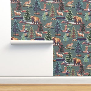 Pine Forest Non-Pasted Wallpaper - Rocky Woodland by diseminger - Woodland Creatures Rocky Mountains Wallpaper Double Roll by Spoonflower
