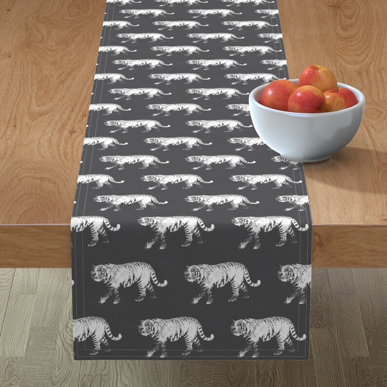 Tiger Prowl On Charcoal by thinlinetextiles Animal Print Tiger Table Runner Bengal Tiger Cotton Sateen Table Runner by Spoonflower