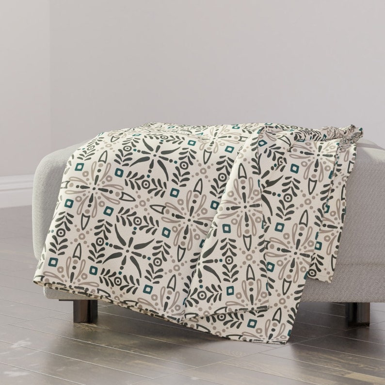 Medallions Teal Black Floral Throw Blanket with Spoonflower Fabric Tiles Throw Blanket Moroccan Mint Earth Palette by mintedtulip