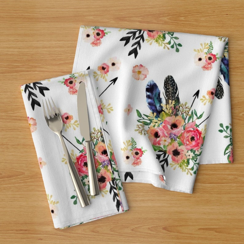 Set of 2 White by shopcabin - Boho Floral Dreams With Arrows Floral Roses Boho Cloth Napkins by Spoonflower Flowers Dinner Napkins