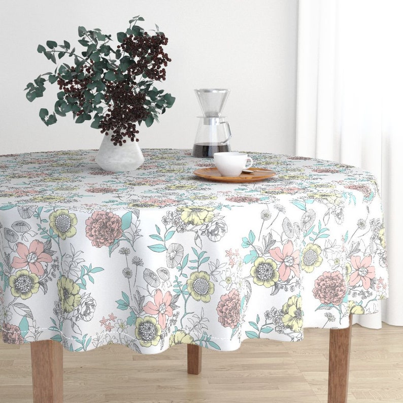 Floral Bridesmaid Pink Yellow Cotton Sateen Round Tablecloth by Roostery with Spoonflower Fabric Round Tablecloth Daily Bloom by leanne
